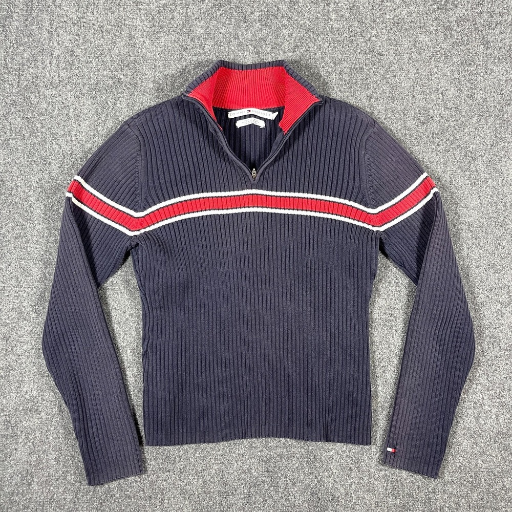 Tommy Hilfiger 1/4 Zip Ribbed Striped Sweater Faded Blue Womens Size Large *READ